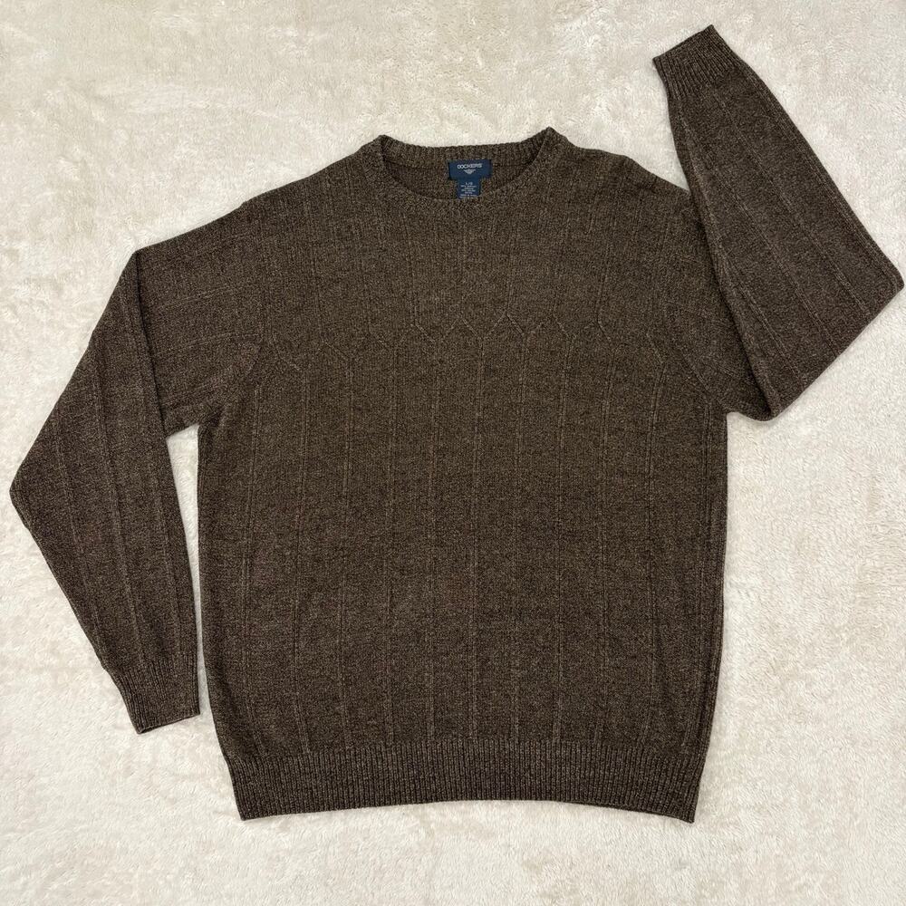 Dockers Mens L Brown Heather Cable Knit Crewneck Sweater Acrylic Rayon